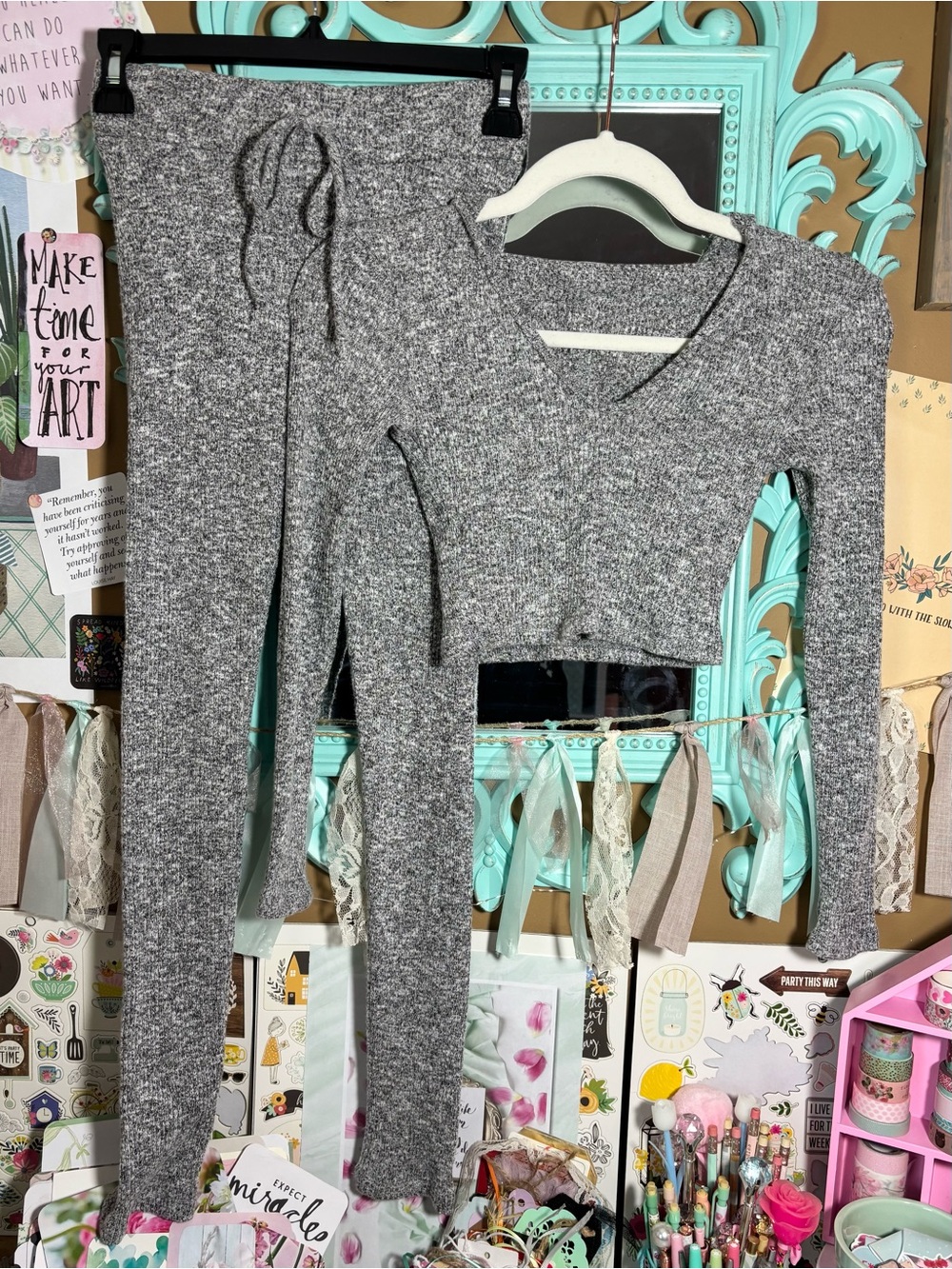 Fashion Nova Wanderlust Grey Leggings & Cropped Hoodie Cozy Knit Set Women’s XS